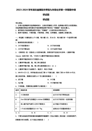 2023-2024学年湖北省襄阳市枣阳九年级化学第一学期期中调研试题含解析.doc