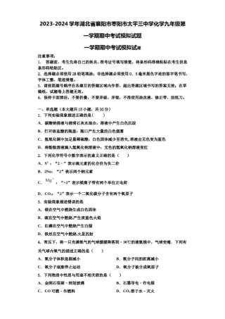 2023-2024学年湖北省襄阳市枣阳市太平三中学化学九年级第一学期期中考试模拟试题含解析.doc