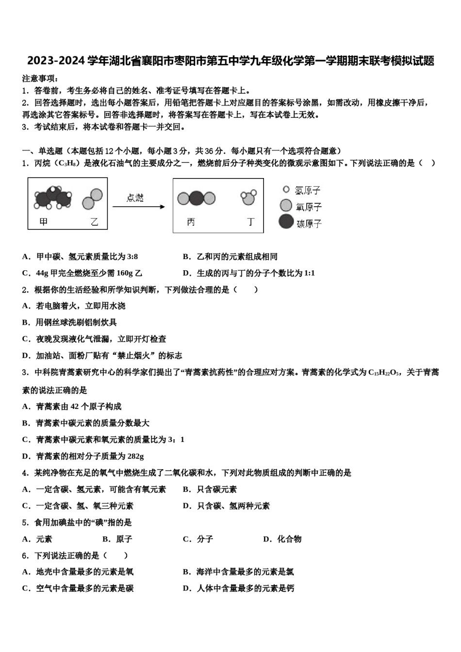 2023-2024学年湖北省襄阳市枣阳市第五中学九年级化学第一学期期末联考模拟试题含解析.doc_第1页