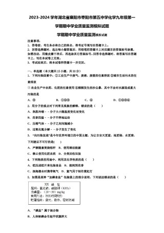 2023-2024学年湖北省襄阳市枣阳市第五中学化学九年级第一学期期中学业质量监测模拟试题含解析.doc