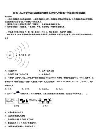 2023-2024学年湖北省襄阳市襄州区化学九年级第一学期期末检测试题含解析.doc