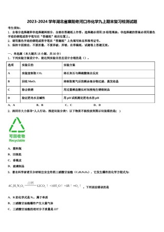 2023-2024学年湖北省襄阳老河口市化学九上期末复习检测试题含解析.doc