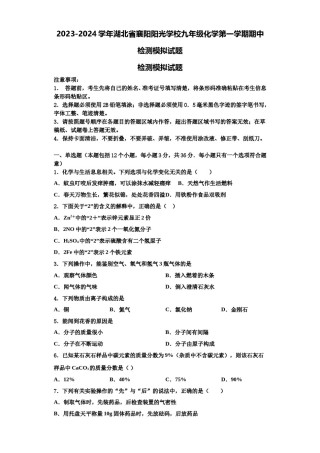 2023-2024学年湖北省襄阳阳光学校九年级化学第一学期期中检测模拟试题含解析.doc
