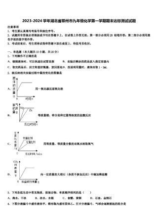 2023-2024学年湖北省鄂州市九年级化学第一学期期末达标测试试题含解析.doc