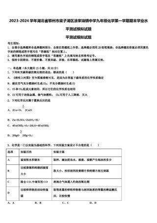 2023-2024学年湖北省鄂州市梁子湖区涂家垴镇中学九年级化学第一学期期末学业水平测试模拟试题含解析.doc
