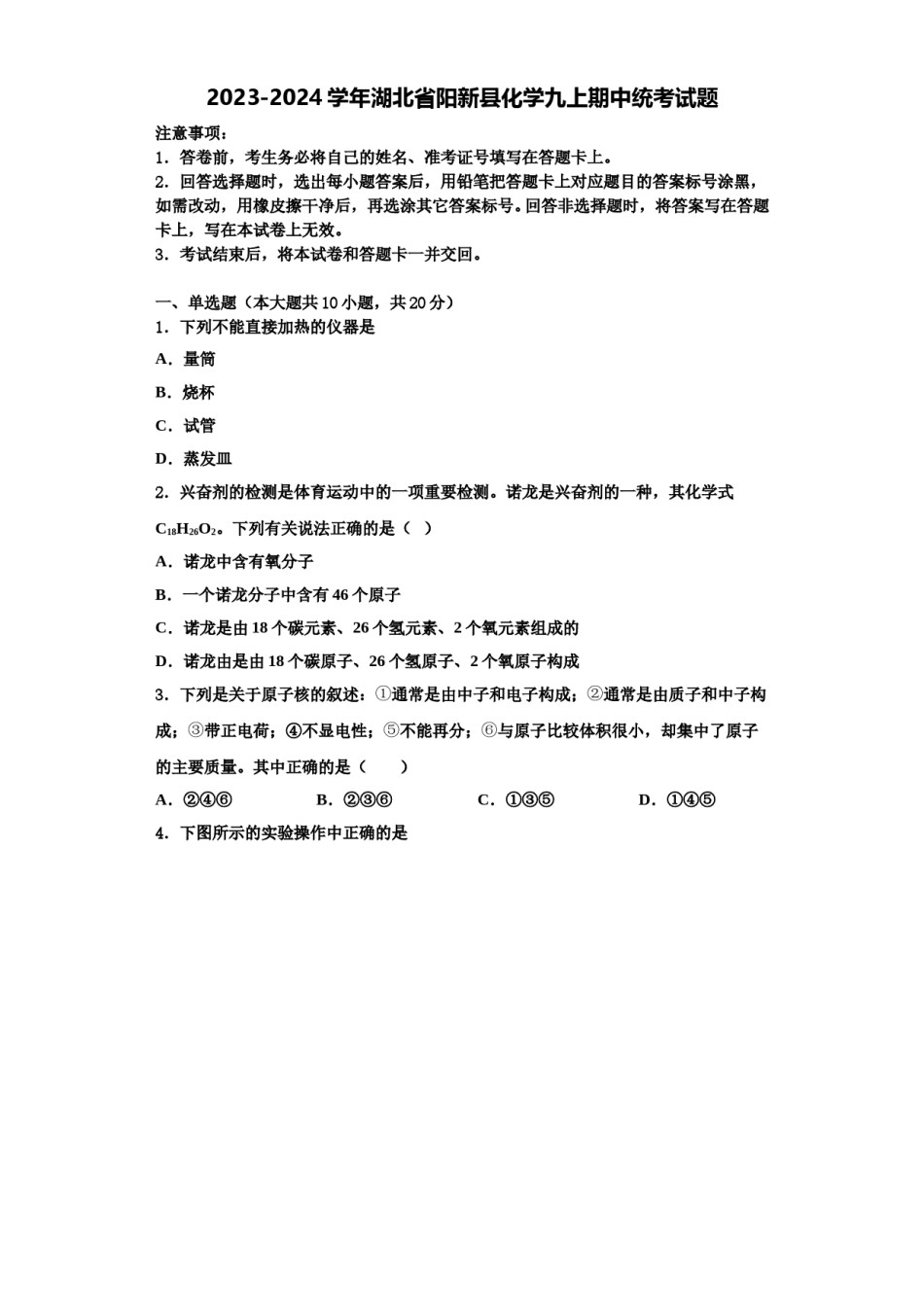 2023-2024学年湖北省阳新县化学九上期中统考试题含解析.doc_第1页
