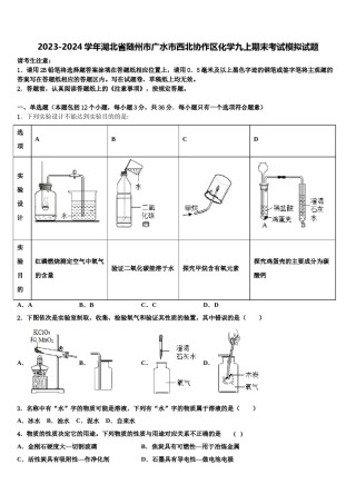 2023-2024学年湖北省随州市广水市西北协作区化学九上期末考试模拟试题含解析.doc