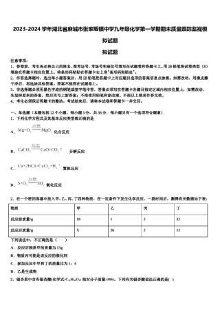 2023-2024学年湖北省麻城市张家畈镇中学九年级化学第一学期期末质量跟踪监视模拟试题含解析.doc