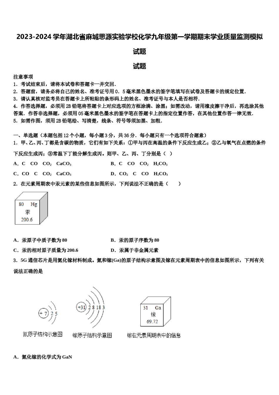 2023-2024学年湖北省麻城思源实验学校化学九年级第一学期期末学业质量监测模拟试题含解析.doc_第1页