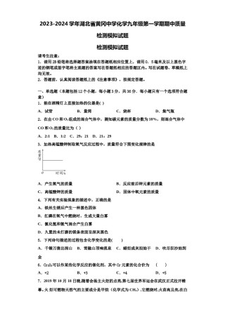 2023-2024学年湖北省黄冈中学化学九年级第一学期期中质量检测模拟试题含解析.doc
