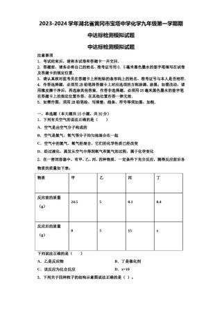 2023-2024学年湖北省黄冈市宝塔中学化学九年级第一学期期中达标检测模拟试题含解析.doc