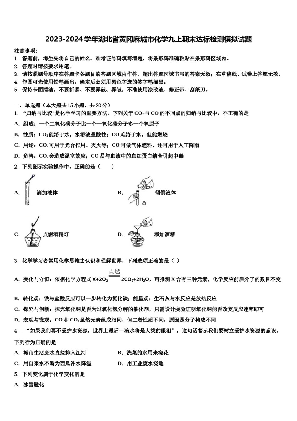 2023-2024学年湖北省黄冈麻城市化学九上期末达标检测模拟试题含解析.doc_第1页