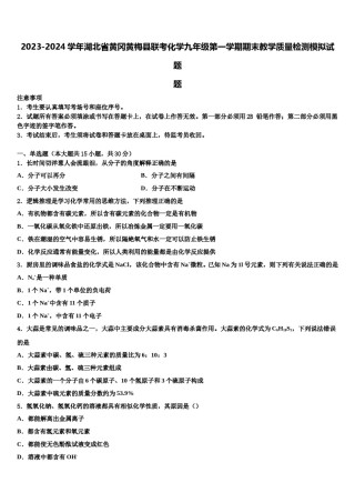 2023-2024学年湖北省黄冈黄梅县联考化学九年级第一学期期末教学质量检测模拟试题含解析.doc