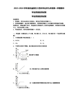 2023-2024学年湖北省黄石十四中学化学九年级第一学期期中学业质量监测试题含解析.doc