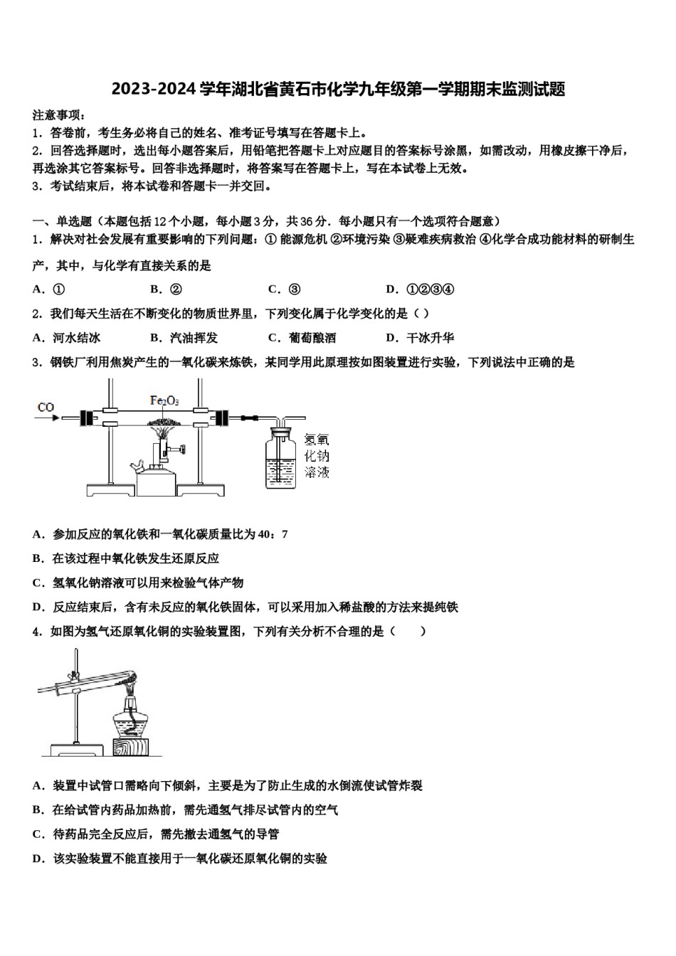 2023-2024学年湖北省黄石市化学九年级第一学期期末监测试题含解析.doc_第1页