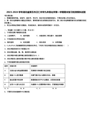 2023-2024学年湖北省黄石市汪仁中学九年级化学第一学期期末复习检测模拟试题含解析.doc