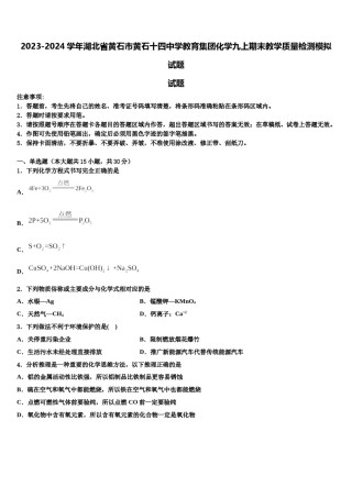 2023-2024学年湖北省黄石市黄石十四中学教育集团化学九上期末教学质量检测模拟试题含解析.doc