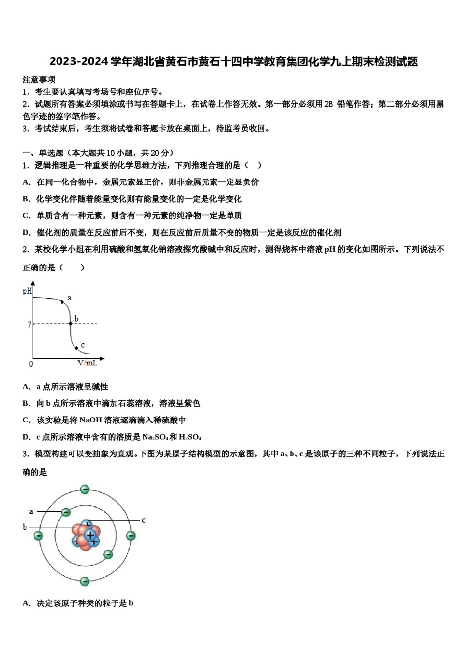 2023-2024学年湖北省黄石市黄石十四中学教育集团化学九上期末检测试题含解析.doc_第1页