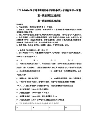 2023-2024学年湖北襄阳五中学实验中学九年级化学第一学期期中质量跟踪监视试题含解析.doc
