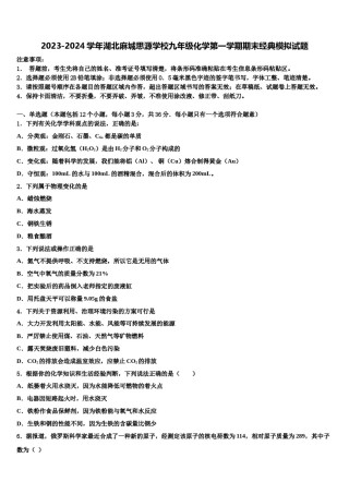 2023-2024学年湖北麻城思源学校九年级化学第一学期期末经典模拟试题含解析.doc