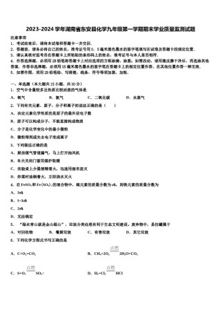 2023-2024学年湖南省东安县化学九年级第一学期期末学业质量监测试题含解析.doc