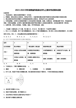 2023-2024学年湖南省凤凰县化学九上期末考试模拟试题含解析.doc