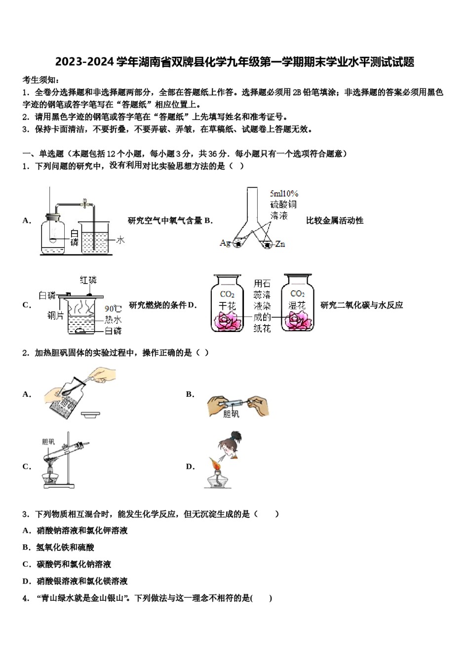 2023-2024学年湖南省双牌县化学九年级第一学期期末学业水平测试试题含解析.doc_第1页