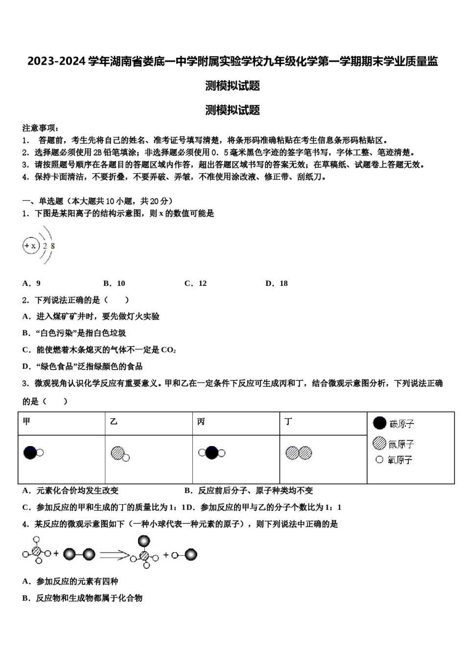 2023-2024学年湖南省娄底一中学附属实验学校九年级化学第一学期期末学业质量监测模拟试题含解析.doc_第1页