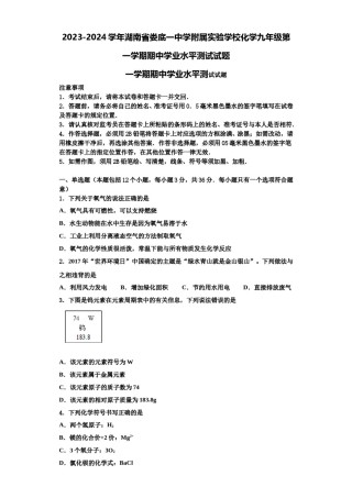 2023-2024学年湖南省娄底一中学附属实验学校化学九年级第一学期期中学业水平测试试题含解析.doc