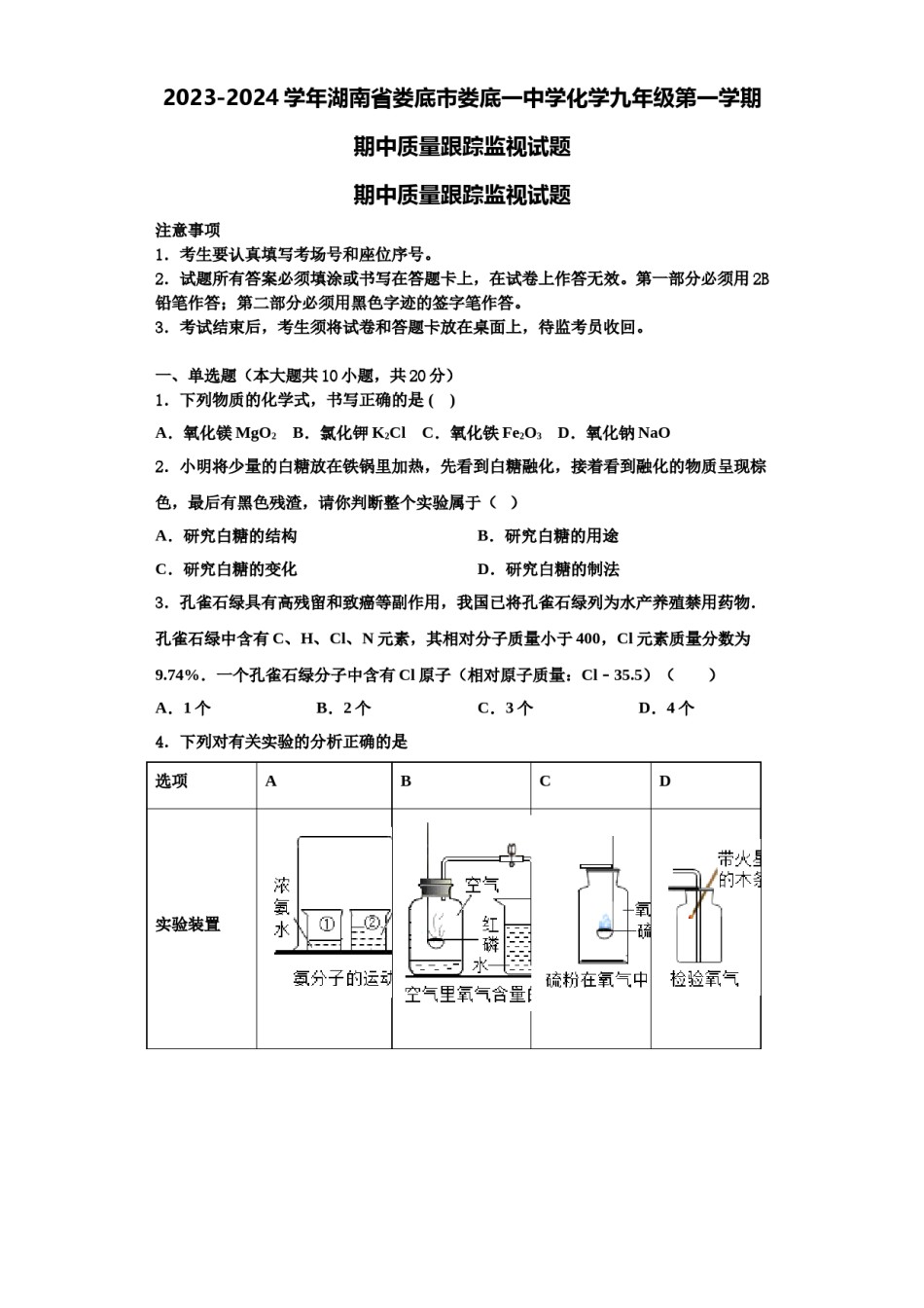 2023-2024学年湖南省娄底市娄底一中学化学九年级第一学期期中质量跟踪监视试题含解析.doc_第1页