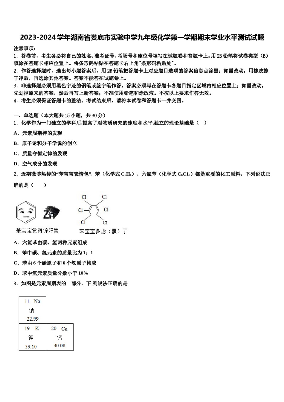 2023-2024学年湖南省娄底市实验中学九年级化学第一学期期末学业水平测试试题含解析.doc_第1页