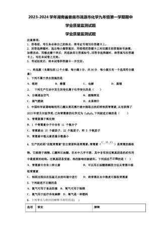 2023-2024学年湖南省娄底市涟源市化学九年级第一学期期中学业质量监测试题含解析.doc