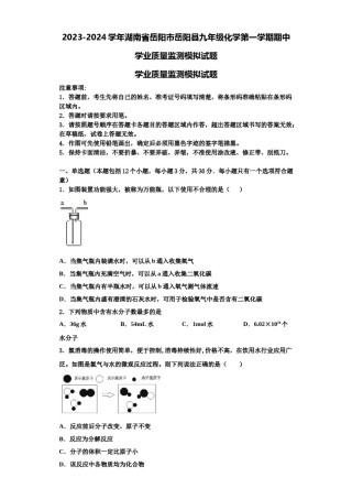 2023-2024学年湖南省岳阳市岳阳县九年级化学第一学期期中学业质量监测模拟试题含解析.doc