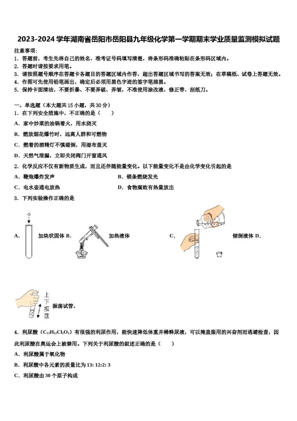 2023-2024学年湖南省岳阳市岳阳县九年级化学第一学期期末学业质量监测模拟试题含解析.doc_第1页