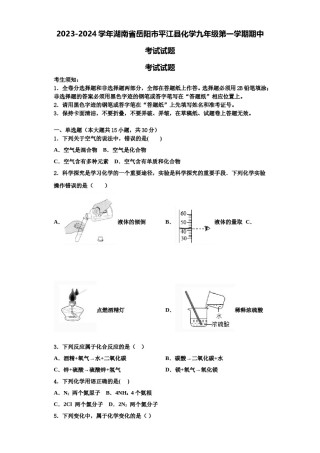 2023-2024学年湖南省岳阳市平江县化学九年级第一学期期中考试试题含解析.doc