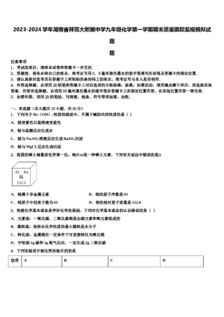 2023-2024学年湖南省师范大附属中学九年级化学第一学期期末质量跟踪监视模拟试题含解析.doc