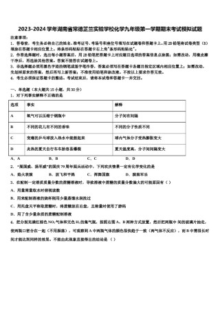 2023-2024学年湖南省常德芷兰实验学校化学九年级第一学期期末考试模拟试题含解析.doc