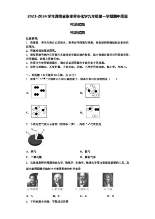 2023-2024学年湖南省张家界市化学九年级第一学期期中质量检测试题含解析.doc