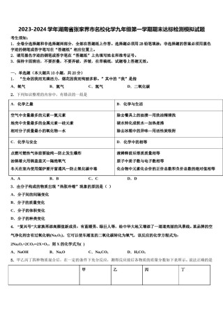2023-2024学年湖南省张家界市名校化学九年级第一学期期末达标检测模拟试题含解析.doc
