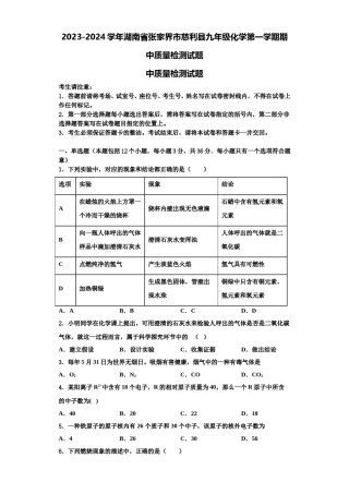 2023-2024学年湖南省张家界市慈利县九年级化学第一学期期中质量检测试题含解析.doc