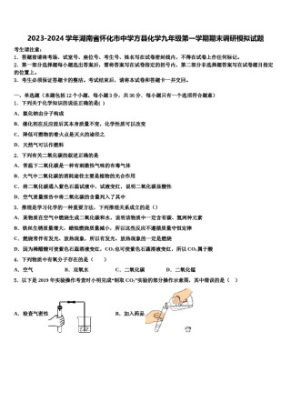 2023-2024学年湖南省怀化市中学方县化学九年级第一学期期末调研模拟试题含解析.doc