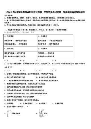 2023-2024学年湖南省怀化市会同第一中学九年级化学第一学期期末监测模拟试题含解析.doc