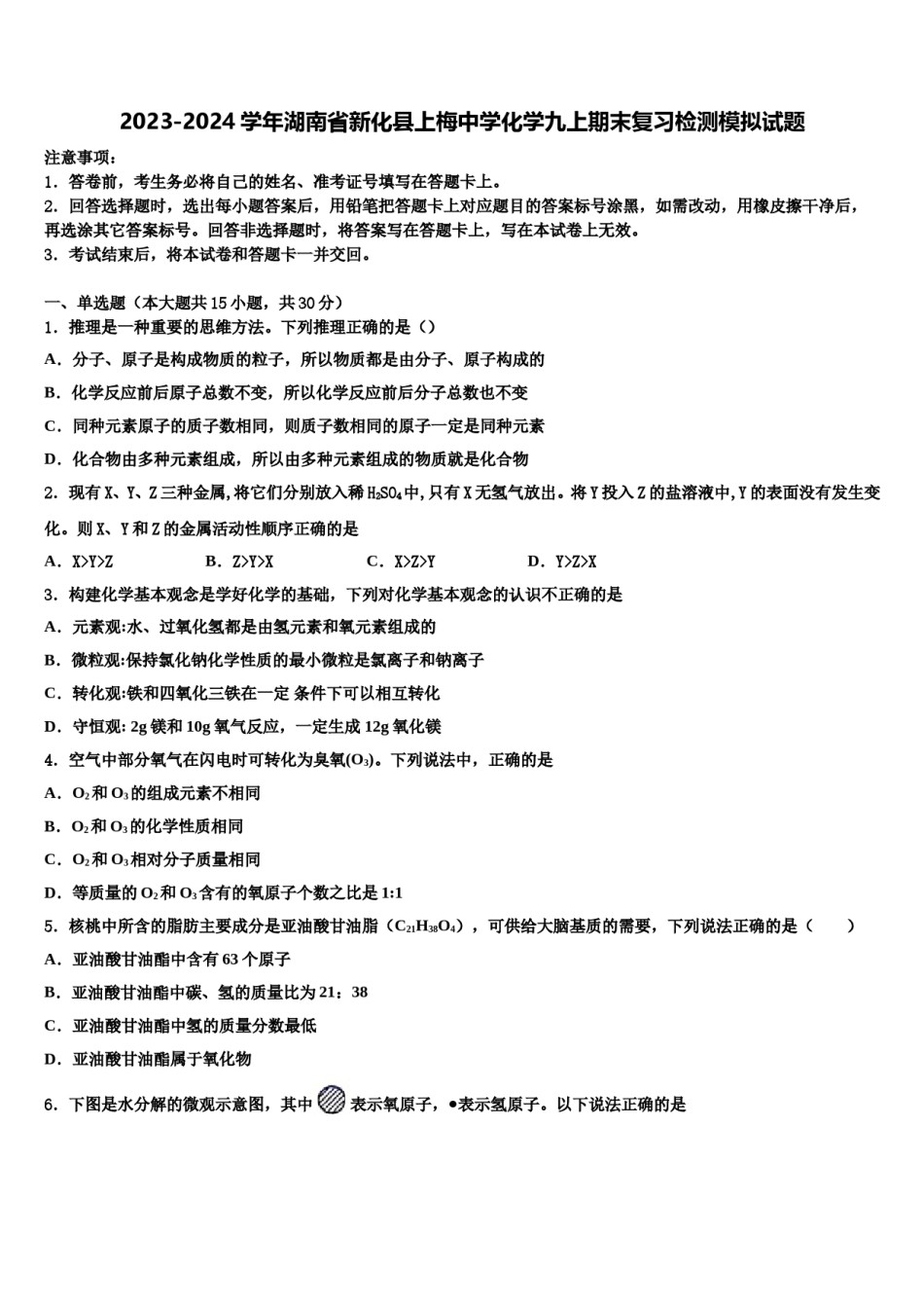2023-2024学年湖南省新化县上梅中学化学九上期末复习检测模拟试题含解析.doc_第1页