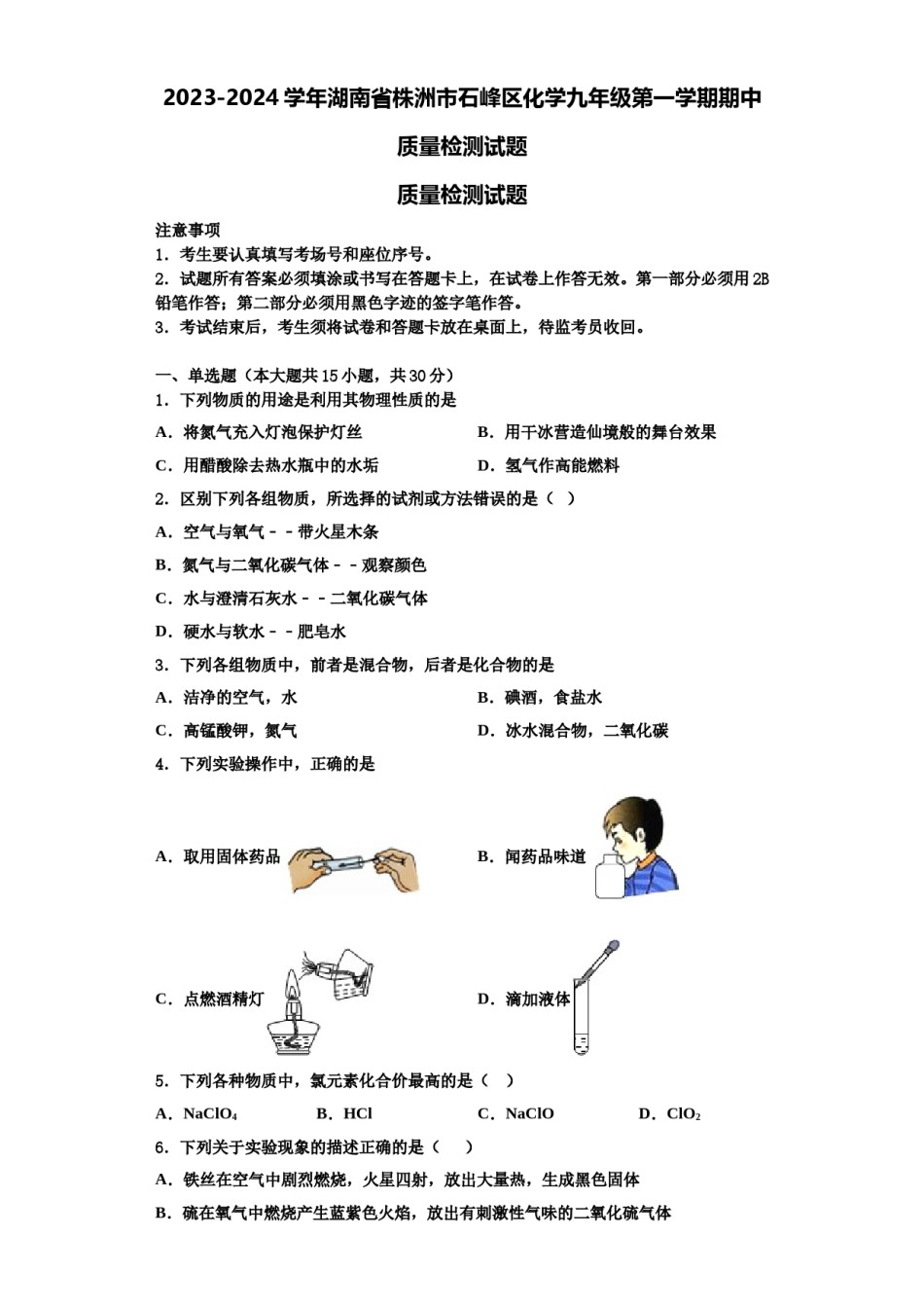 2023-2024学年湖南省株洲市石峰区化学九年级第一学期期中质量检测试题含解析.doc_第1页