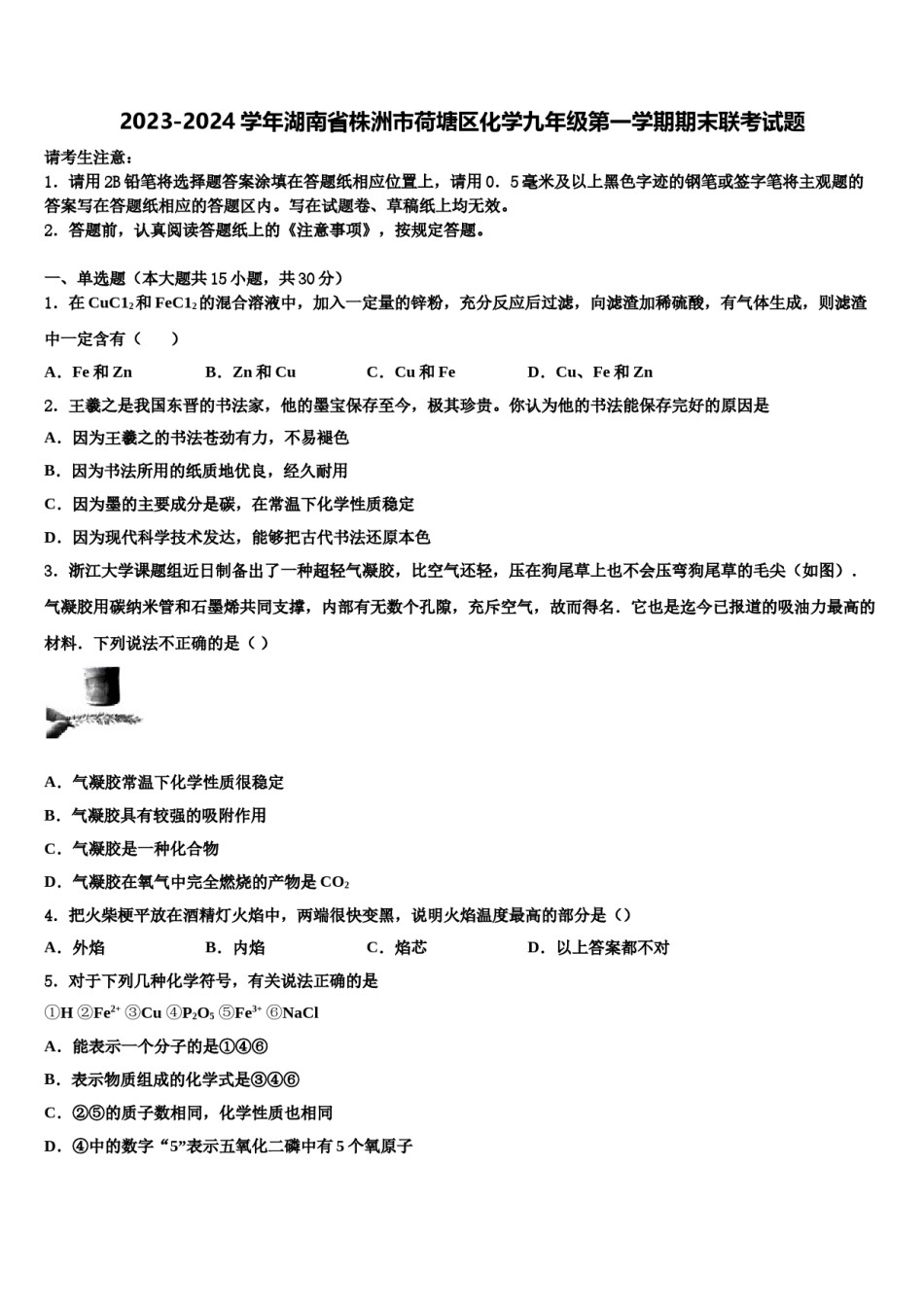 2023-2024学年湖南省株洲市荷塘区化学九年级第一学期期末联考试题含解析.doc_第1页