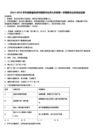 2023-2024学年湖南省株洲市醴陵市化学九年级第一学期期末达标测试试题含解析.doc