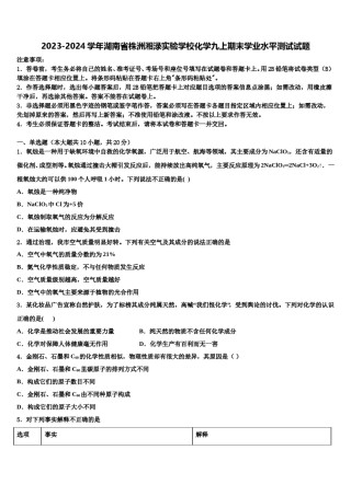 2023-2024学年湖南省株洲湘渌实验学校化学九上期末学业水平测试试题含解析.doc