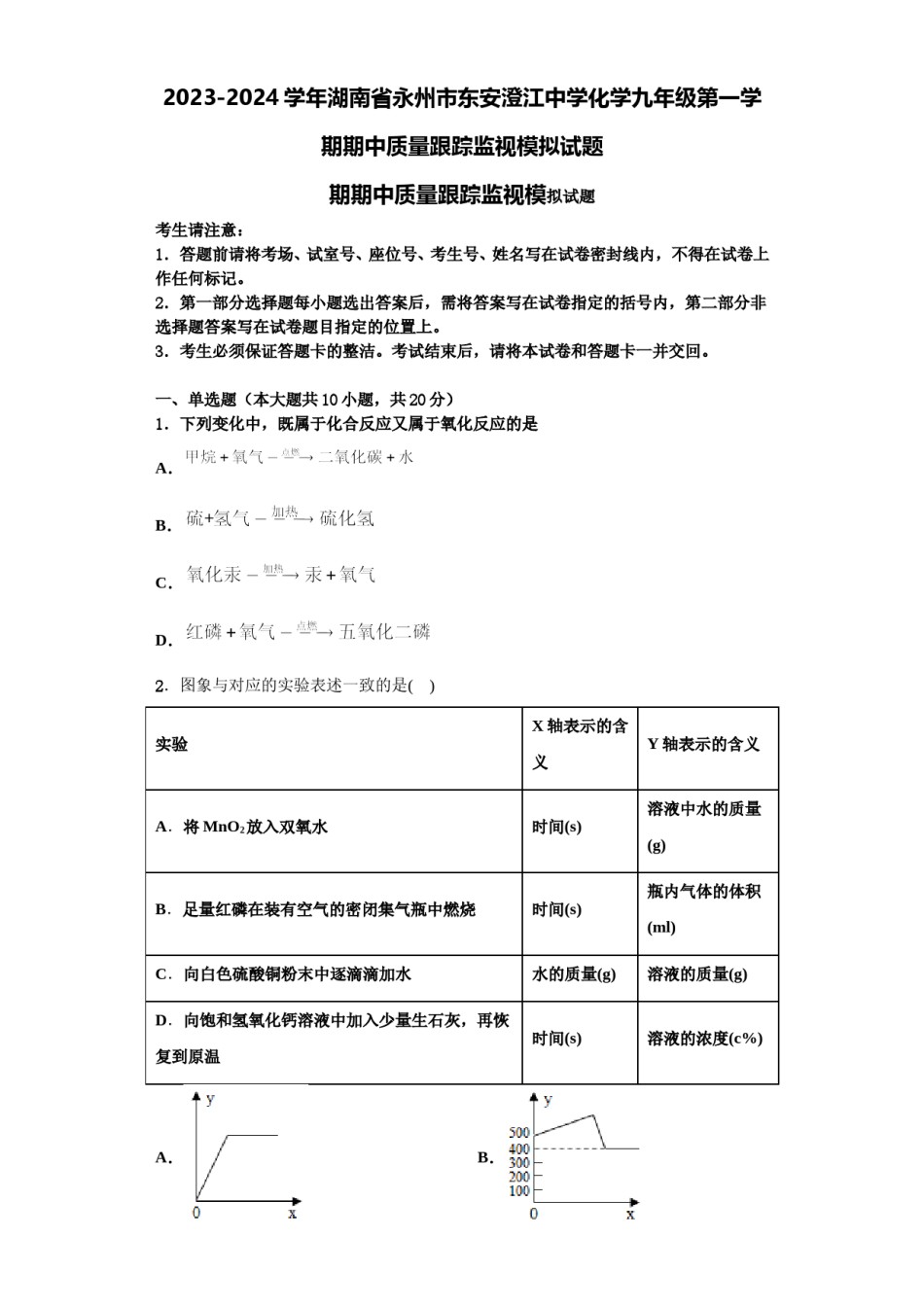 2023-2024学年湖南省永州市东安澄江中学化学九年级第一学期期中质量跟踪监视模拟试题含解析.doc_第1页