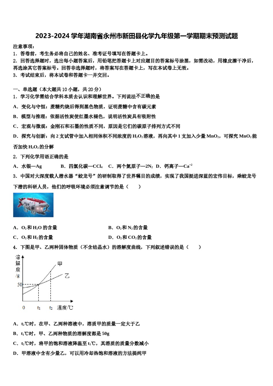 2023-2024学年湖南省永州市新田县化学九年级第一学期期末预测试题含解析.doc_第1页