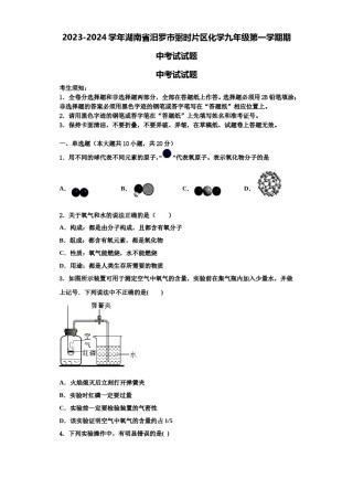 2023-2024学年湖南省汨罗市弼时片区化学九年级第一学期期中考试试题含解析.doc
